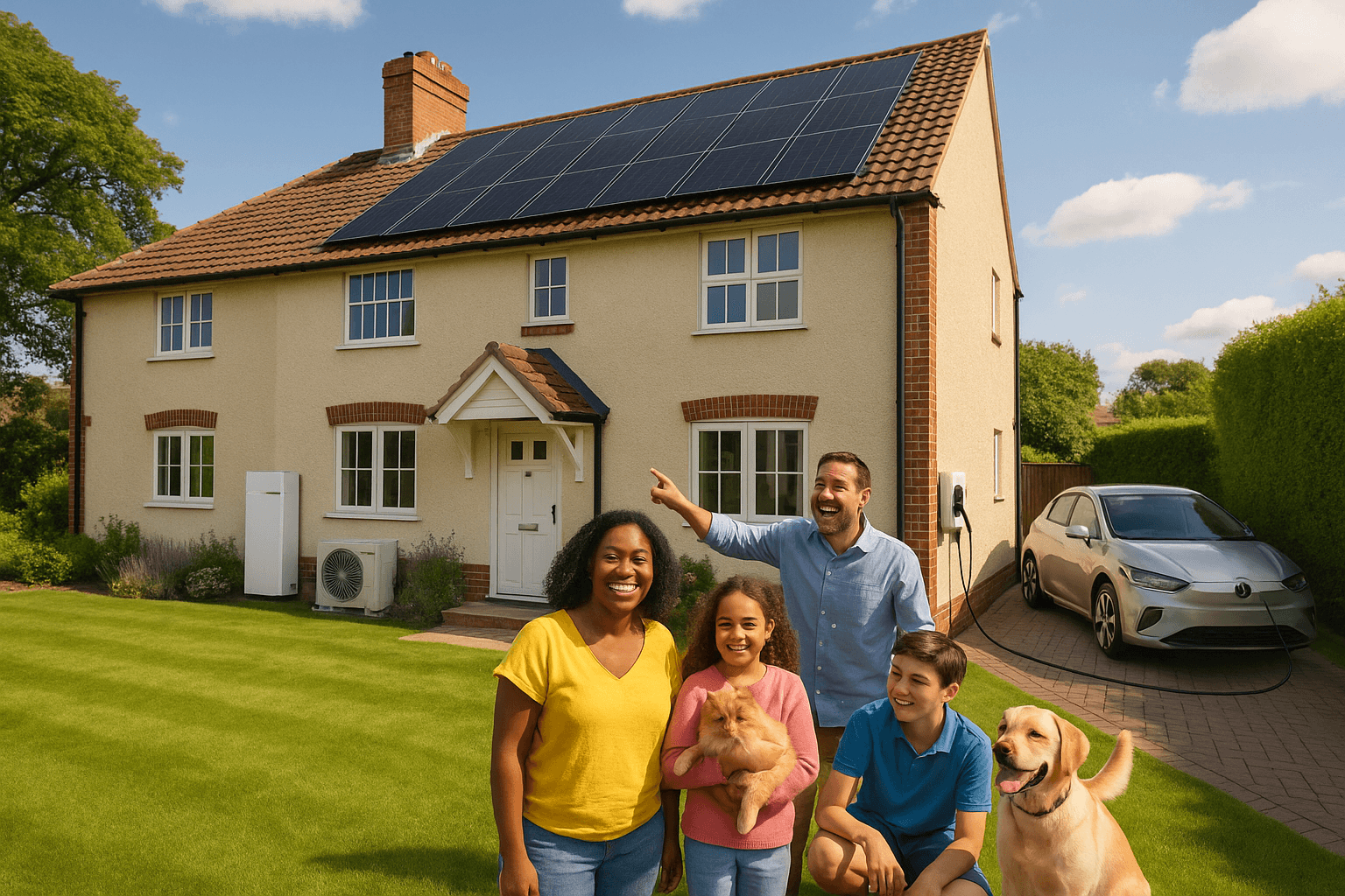 Modern UK home with solar panels, battery storage, heat pump and EV charger installed by Heat Smart